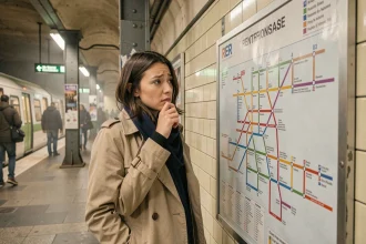 Jeune femme consultant un plan du RER parisien affiché sur le mur d'une station souterraine