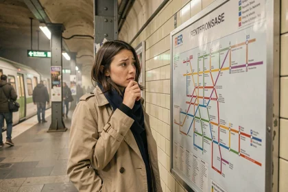 Jeune femme consultant un plan du RER parisien affiché sur le mur d'une station souterraine