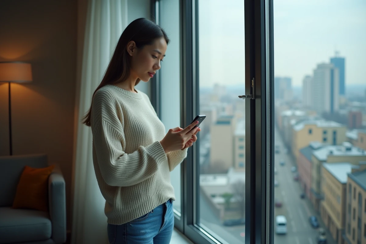 Femme réfléchissant avec son smartphone affichant Dofus