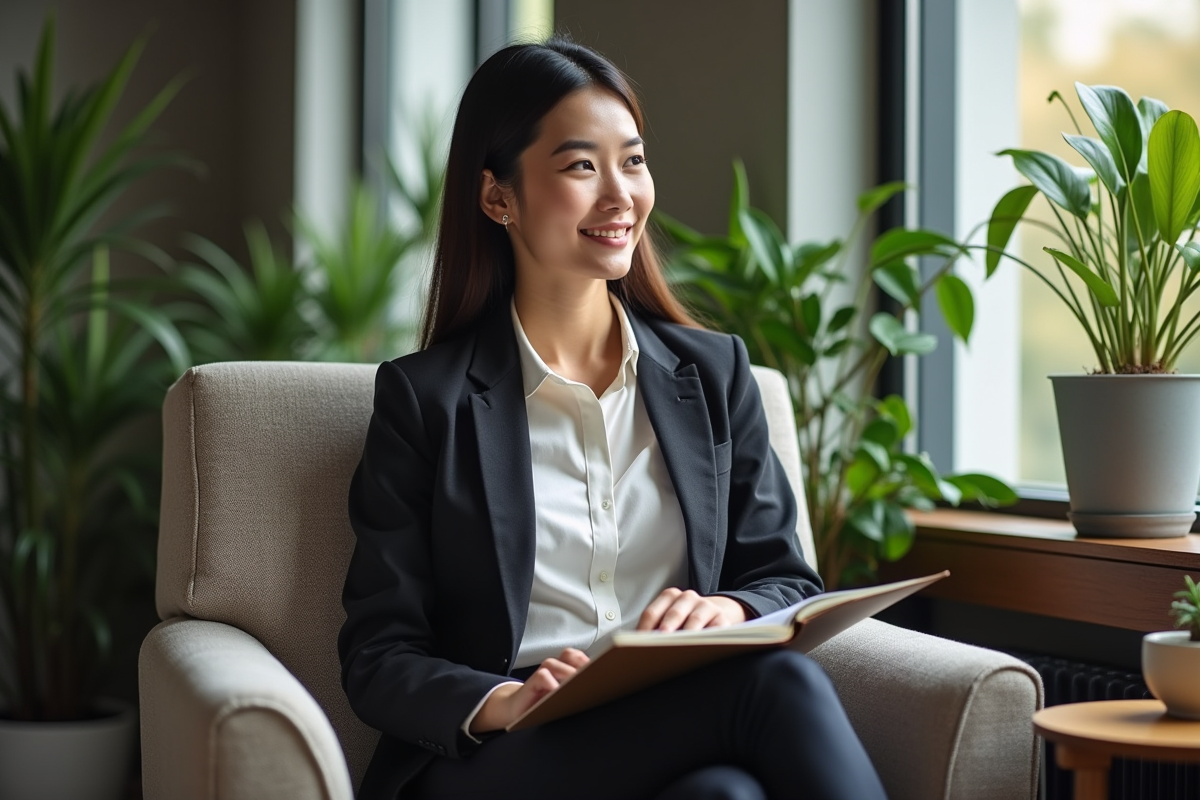 Femme en détente dans un coin cosy de bureau