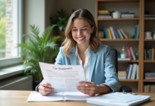 Impôts en Europe : découvrez le pays le moins taxé en 2025 ! Jeune femme souriante avec déclaration fiscale dans un bureau lumineux