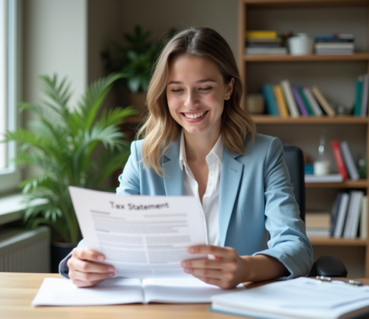 Jeune femme souriante avec déclaration fiscale dans un bureau lumineux