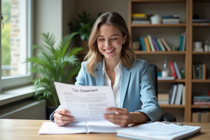 femme-reussie-declaration-fiscale Jeune femme souriante avec déclaration fiscale dans un bureau lumineux