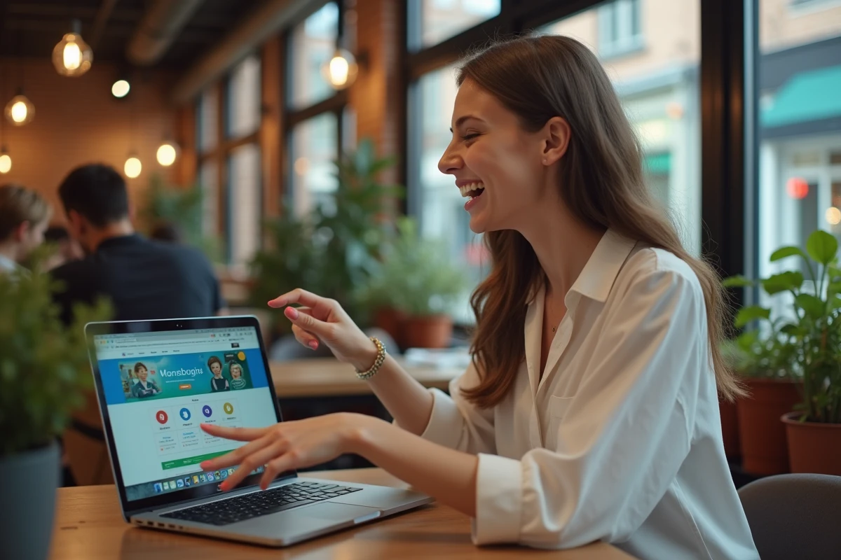 Femme souriante gesticulant devant un ordinateur dans un café