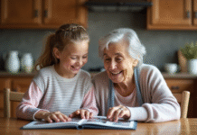 Femme senior souriante avec enfant regardant album photo