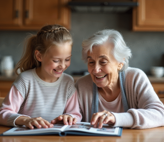 Femme senior souriante avec enfant regardant album photo