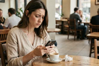 Femme seule dans un café regardant son téléphone avec une expression blessée, illustrant la souffrance causée par un comportement goujat en amour
