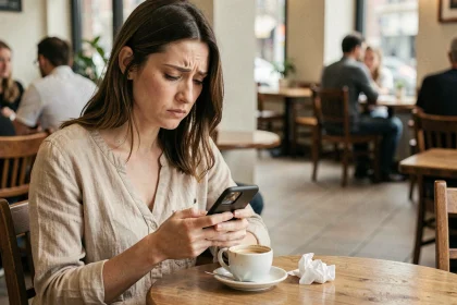 Femme seule dans un café regardant son téléphone avec une expression blessée, illustrant la souffrance causée par un comportement goujat en amour