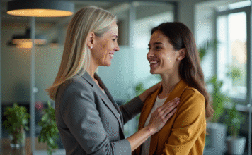 Femme d'âge moyen souriante avec collègue au bureau