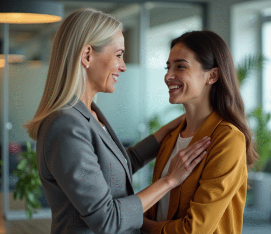 Personne bienveillante : comment la reconnaître ? Femme d'âge moyen souriante avec collègue au bureau