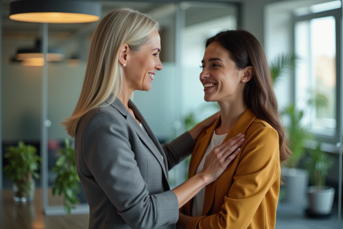 femme-soutien-bureau Femme d'âge moyen souriante avec collègue au bureau