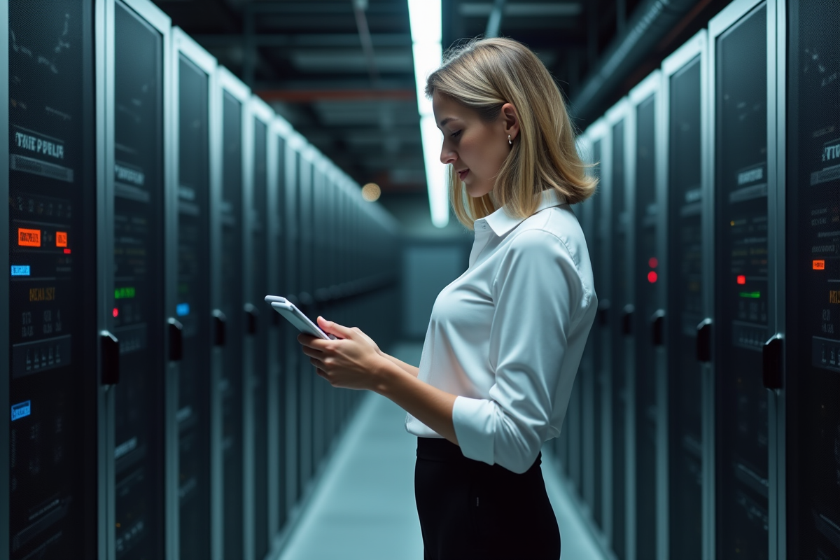 Femme spécialiste IT dans une salle serveurs avec tablette numérique
