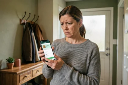 Femme frustrée consultant le suivi de son colis en transit sur son smartphone dans un couloir d'entrée