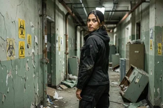 Femme en tenue tactique dans un couloir de laboratoire abandonné aux murs couverts de signalétiques biohazard, ambiance post-apocalyptique inspirée de la franchise Resident Evil