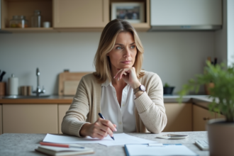 Femme d'âge moyen travaillant à la maison dans une ambiance cosy