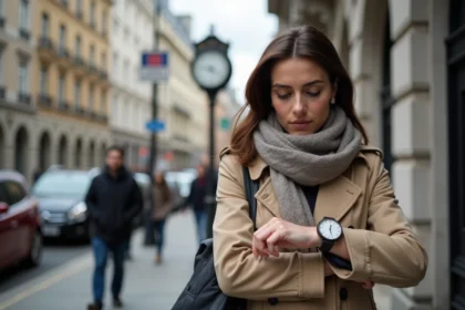 Femme regardant sa montre dans une rue animée en ville