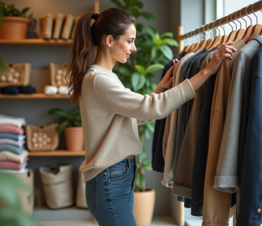 Clientèle mode durable : Qui sont-ils réellement ? Femme en boutique de mode durable touchant un tissu écologique