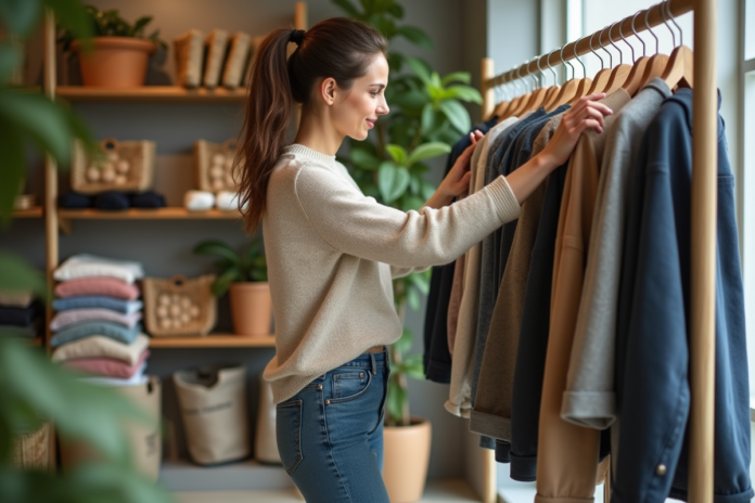 femme-vetements-soutenables-boutique Femme en boutique de mode durable touchant un tissu écologique