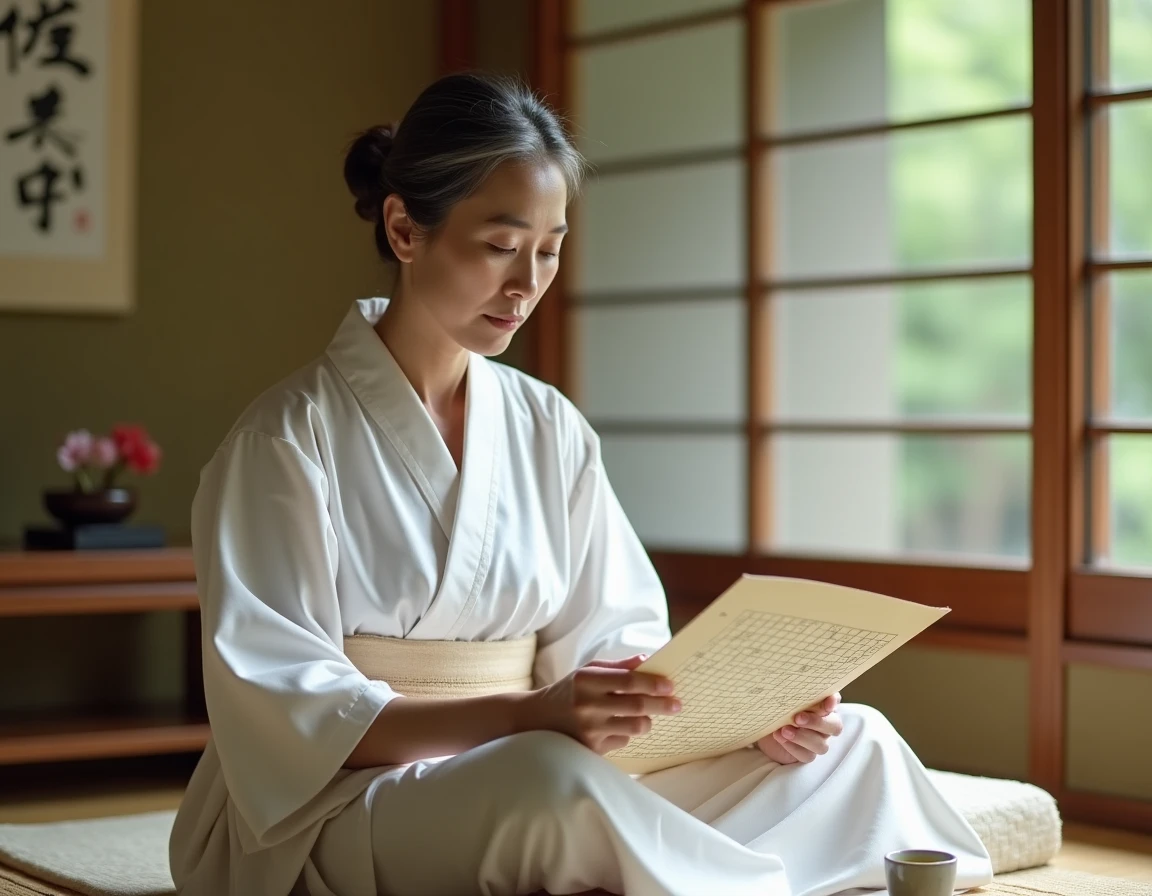 Femme japonaise en yukata résolvant une grille de mots fléchés dans une auberge traditionnelle