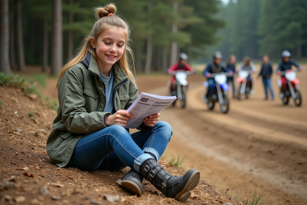 Fille adolescente regardant un guide motocross sur un terrain