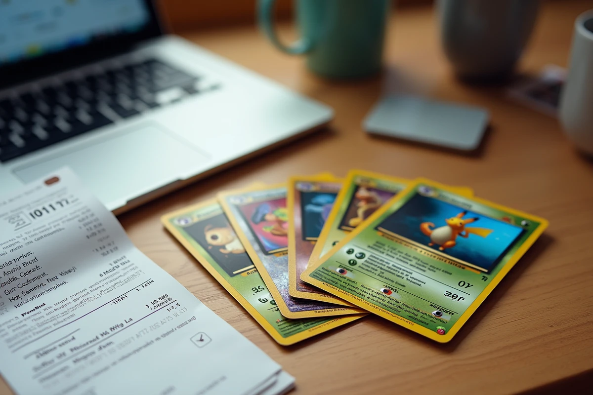 Flat lay de cartes Pokémon, carte bancaire et reçu de commande sur un bureau en bois, analyse d'un site marchand
