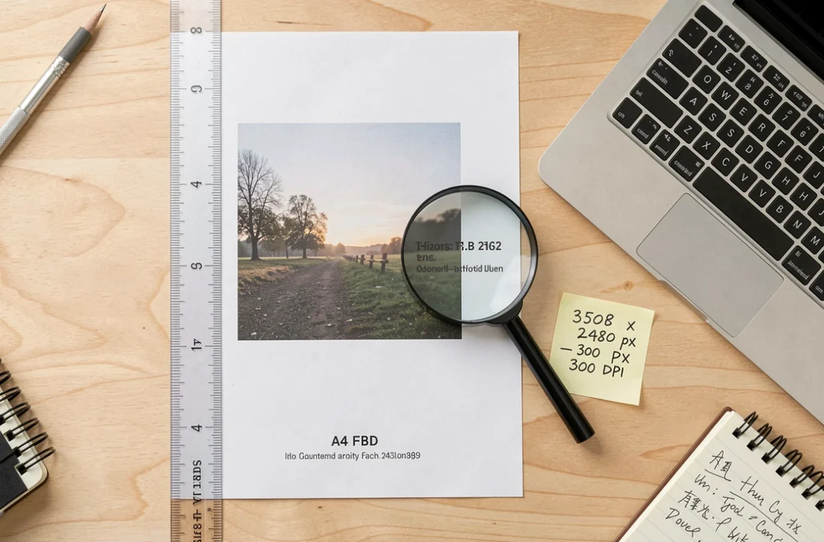 Vue aérienne d'un format A4 imprimé avec règle, loupe et notes manuscrites sur les pixels et la résolution 300 DPI