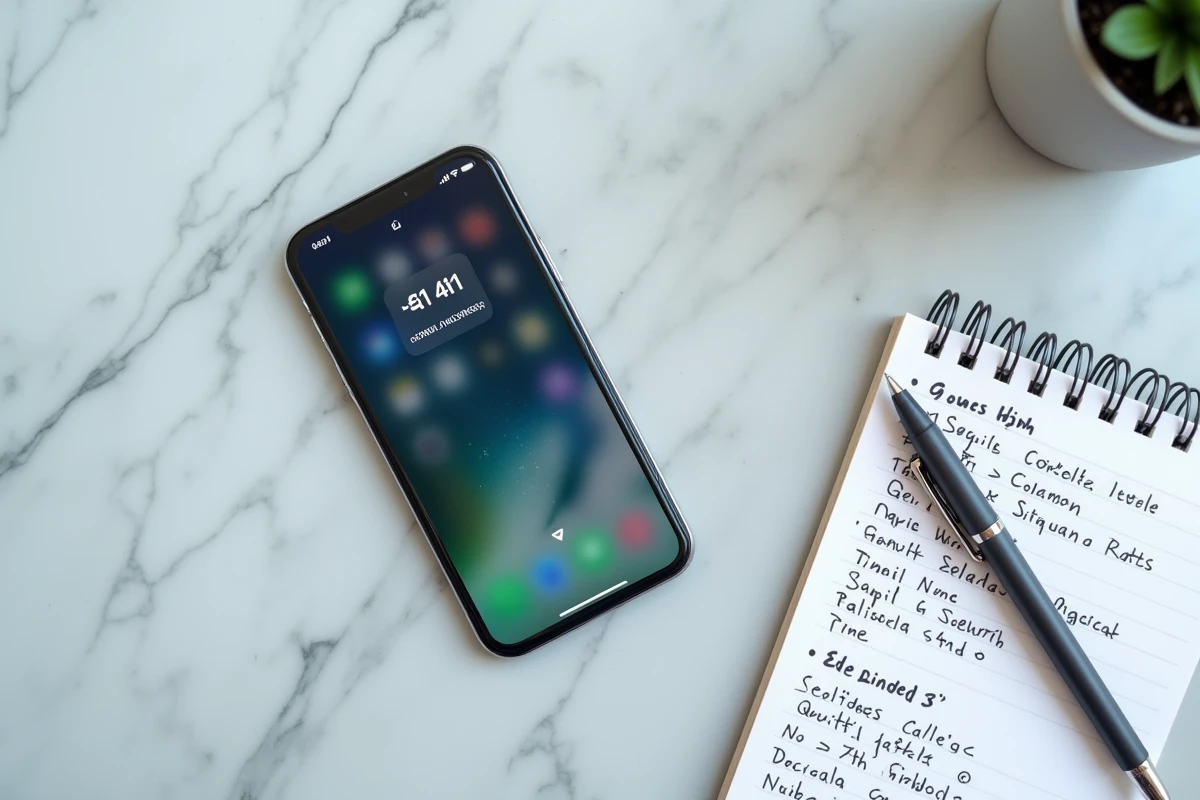 Vue aérienne d'un smartphone affichant un numéro suisse avec l'indicatif pays 41 et un carnet de notes sur les tarifs d'appels internationaux