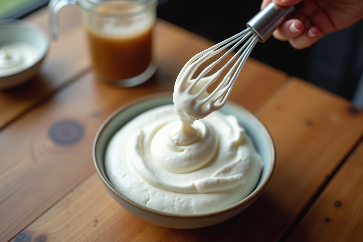 Fouet en acier soulevant une pointe de chantilly sur une table en bois