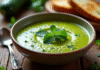 Bol de gaspacho de courgettes frais et glacé avec herbes
