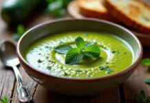 Bol de gaspacho de courgettes frais et glacé avec herbes