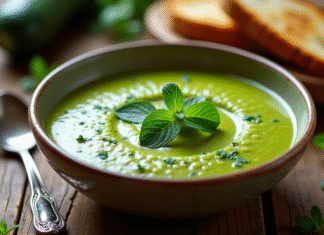 Bol de gaspacho de courgettes frais et glacé avec herbes
