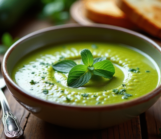 Bol de gaspacho de courgettes frais et glacé avec herbes