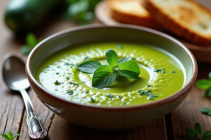 Bol de gaspacho de courgettes frais et glacé avec herbes