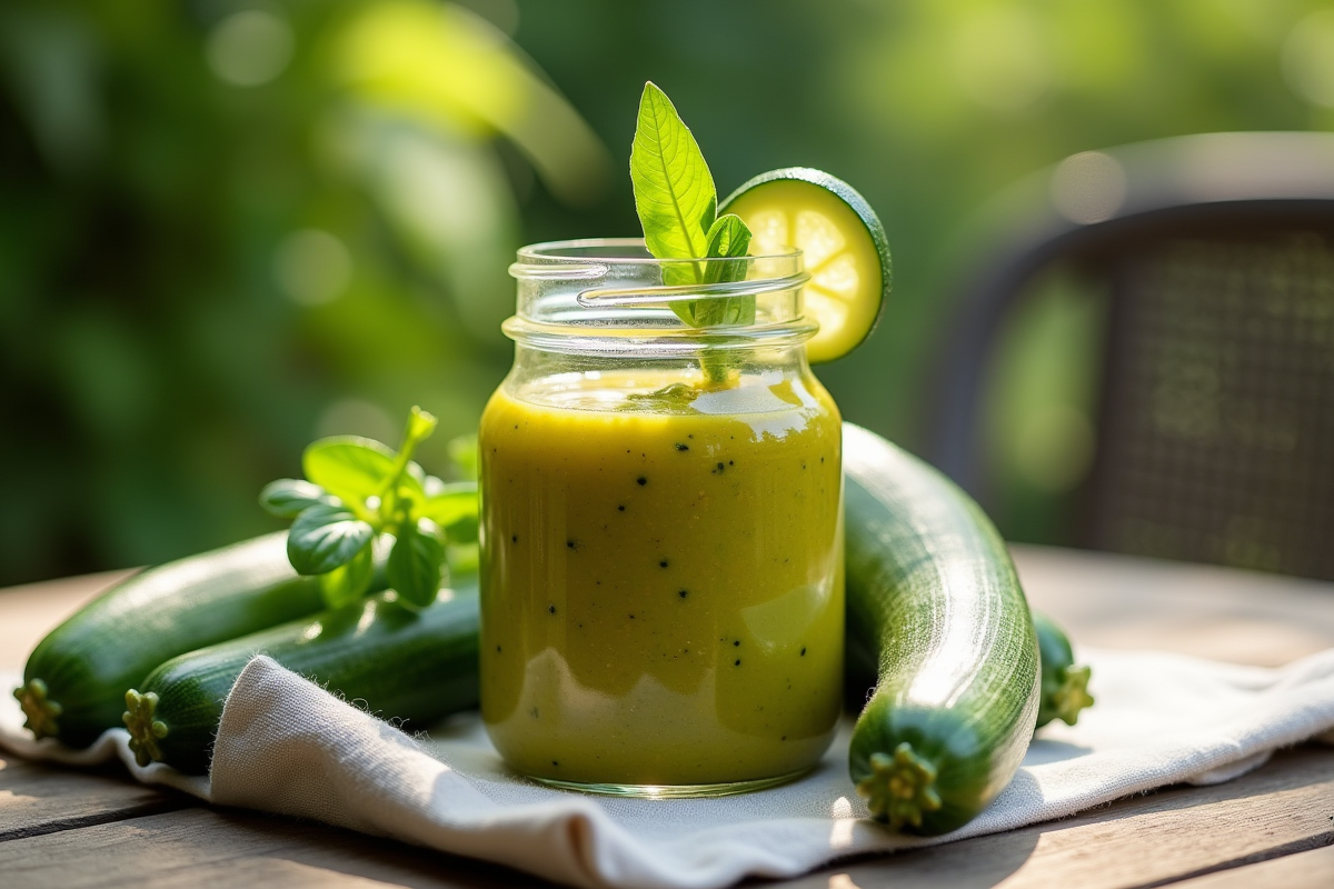 Gaspacho de courgettes dans un bol en extérieur avec légumes