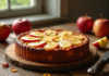 Gâteau aux pommes doré avec tranches visibles sur une table en bois