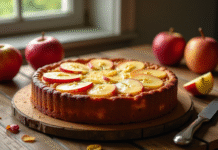 Gâteau aux pommes doré avec tranches visibles sur une table en bois