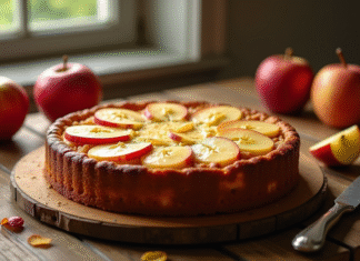 Gâteau aux pommes doré avec tranches visibles sur une table en bois
