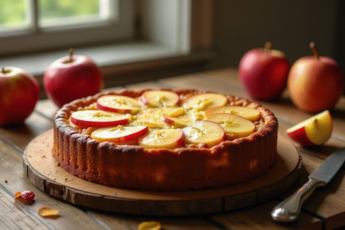 Gâteau aux pommes doré avec tranches visibles sur une table en bois