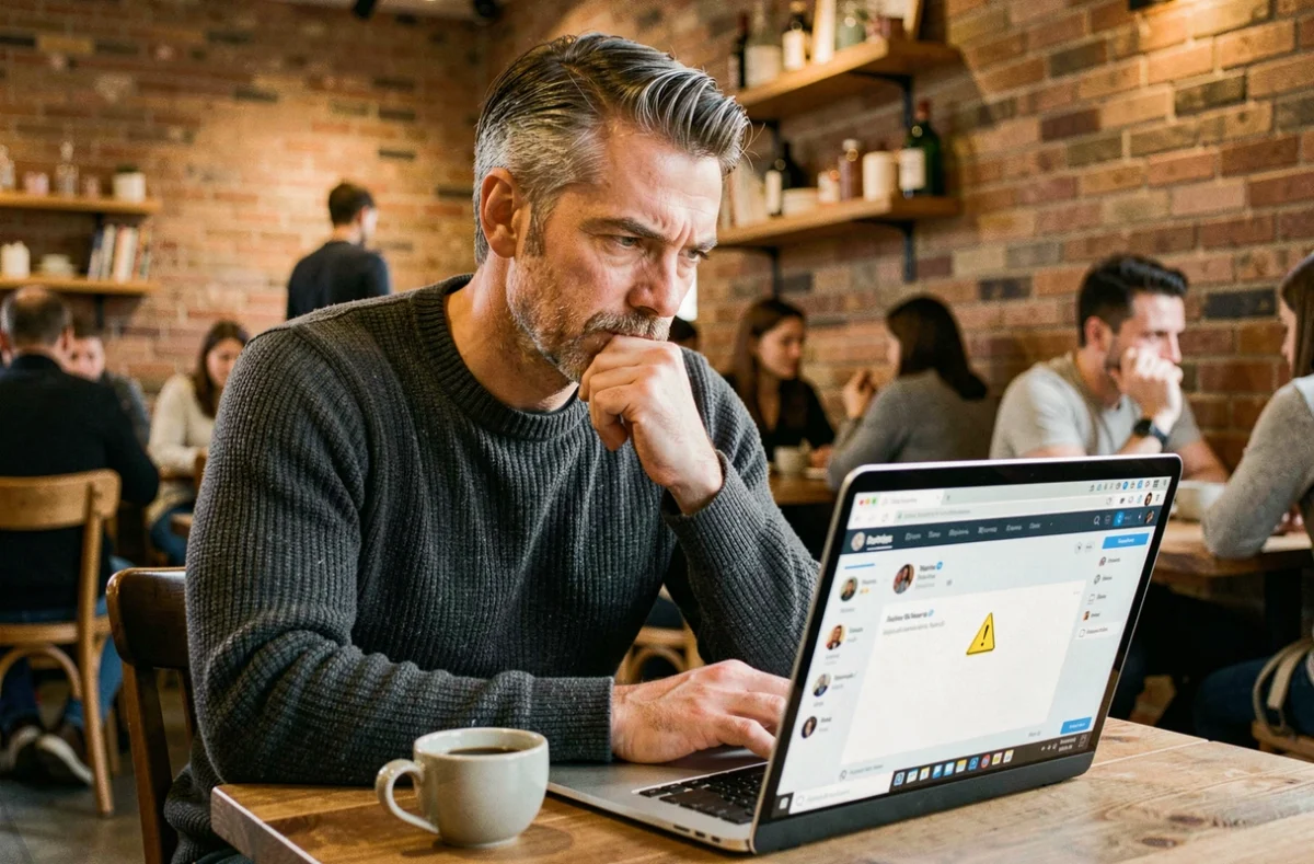 Gestionnaire de réseaux sociaux examinant attentivement un contenu potentiellement problématique avant publication