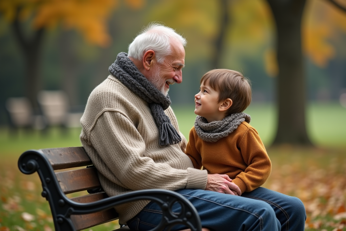 Grand-pere et enfant discutant dans un parc en automne