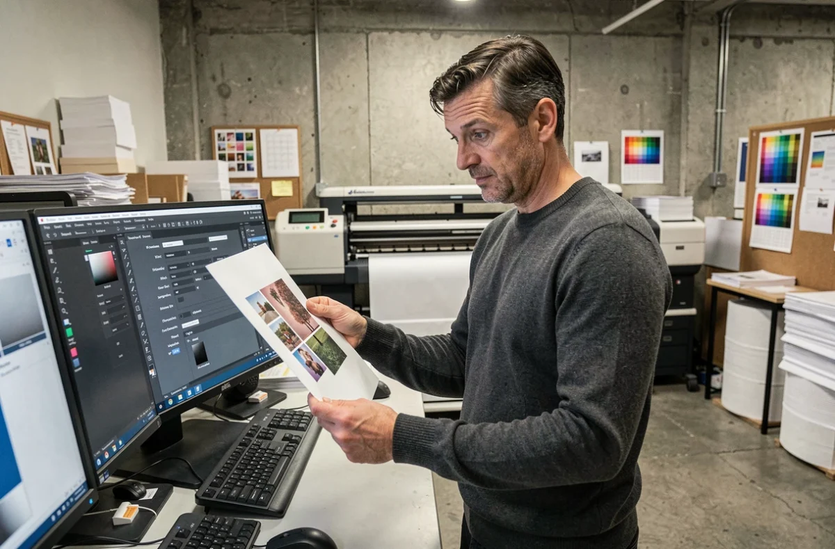 Graphiste professionnel comparant une impression A4 aux paramètres de pixels et de résolution DPI sur un écran calibré en studio