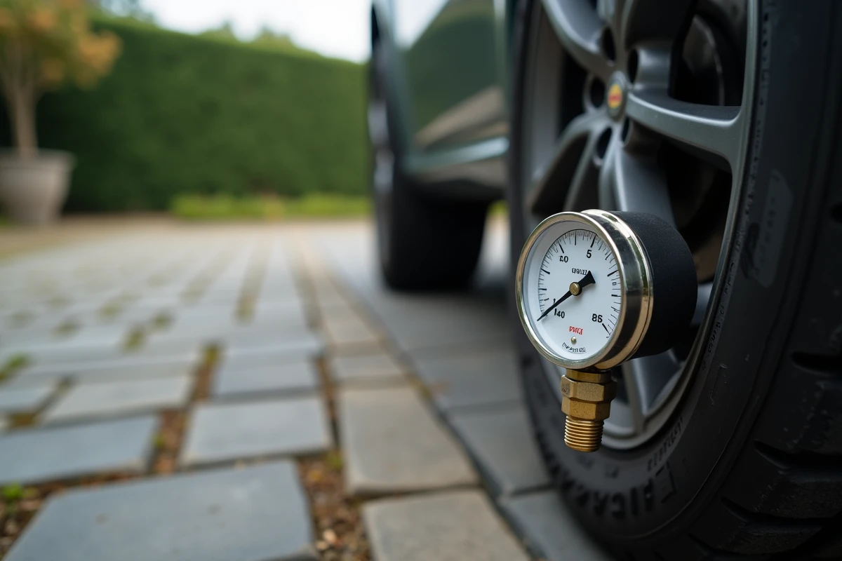 Gros plan d'un manomètre analogique double échelle bar et psi fixé sur la valve d'un pneu de voiture dans une allée privée