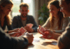 Groupe d'amis jouant au Mille Bornes autour d'une table
