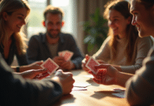 Groupe d'amis jouant au Mille Bornes autour d'une table