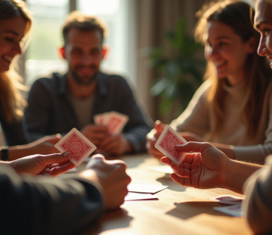 Groupe d'amis jouant au Mille Bornes autour d'une table