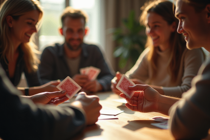 Groupe d'amis jouant au Mille Bornes autour d'une table