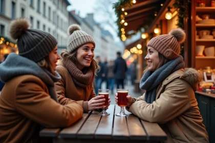 Groupe d'amis souriants dégustant du vin chaud à Lyon
