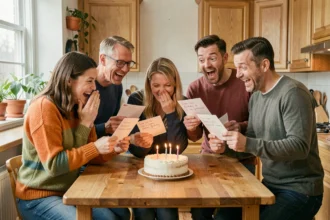 Groupe d'amis hilares autour d'une table de cuisine lisant des messages drôles d'anniversaire