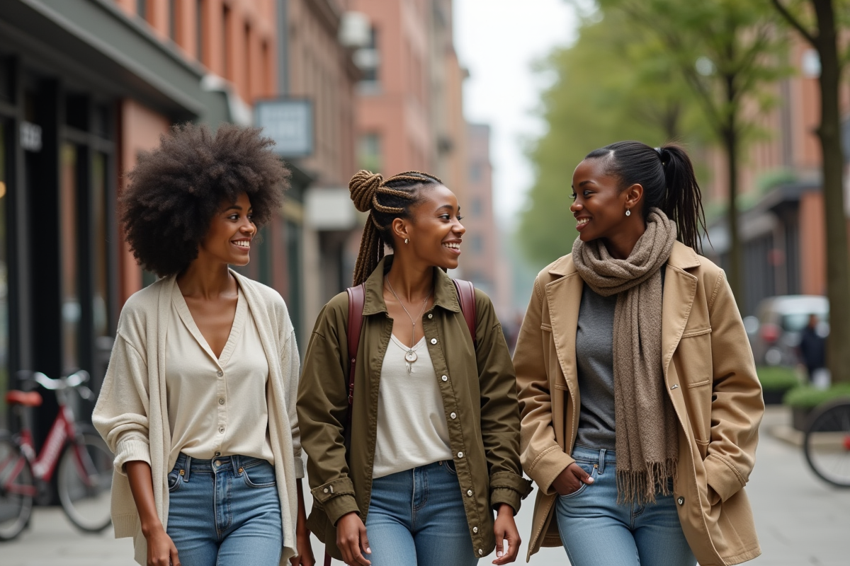 Groupe d amis en ville portant des vêtements durables et colorés