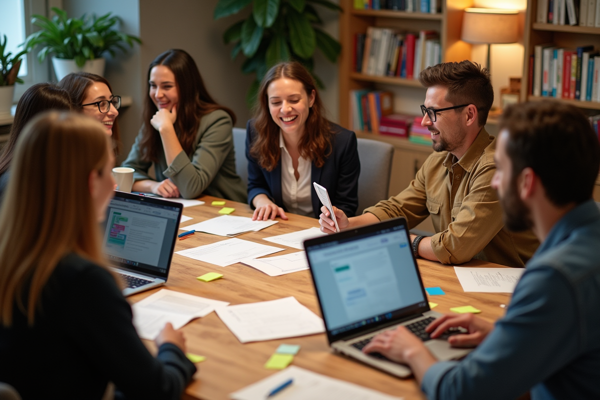 Groupe de personnes en discussion dans un lounge d